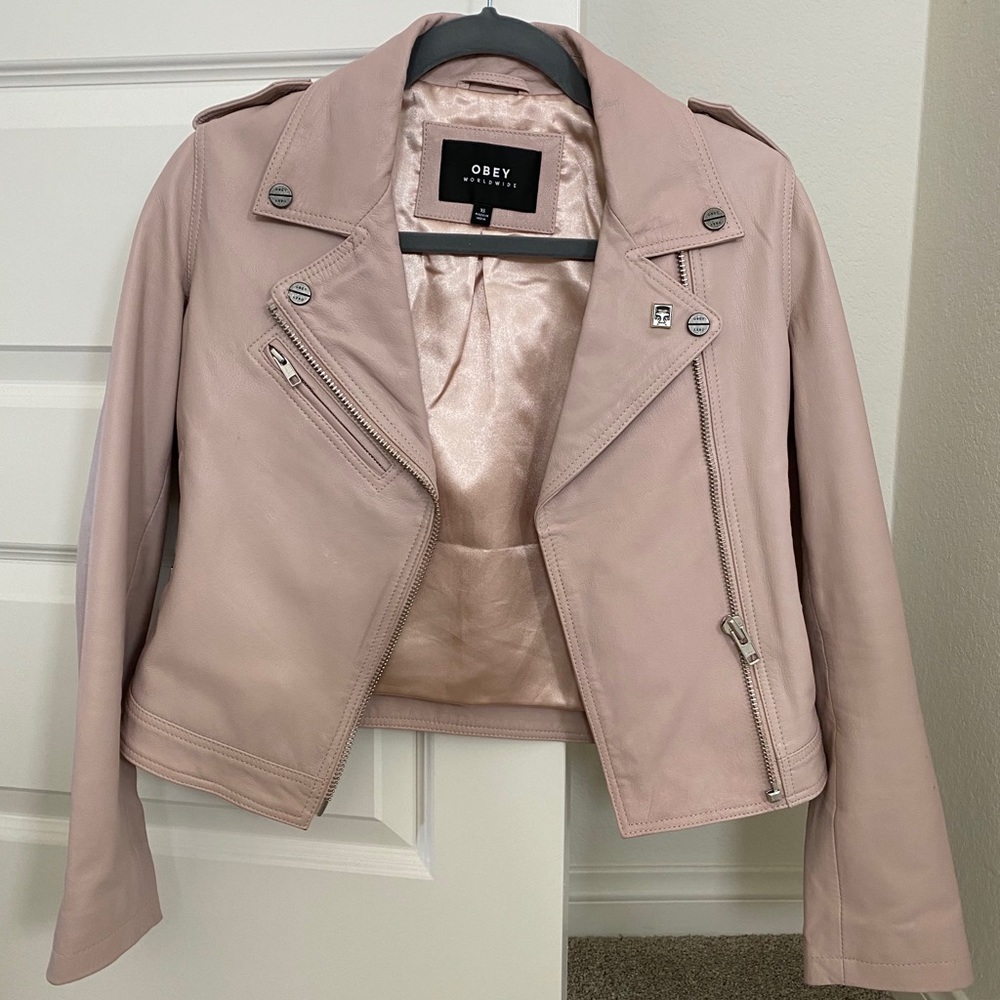 XS OBEY-Diablo City Blush Pink Leather Moto Jacket
